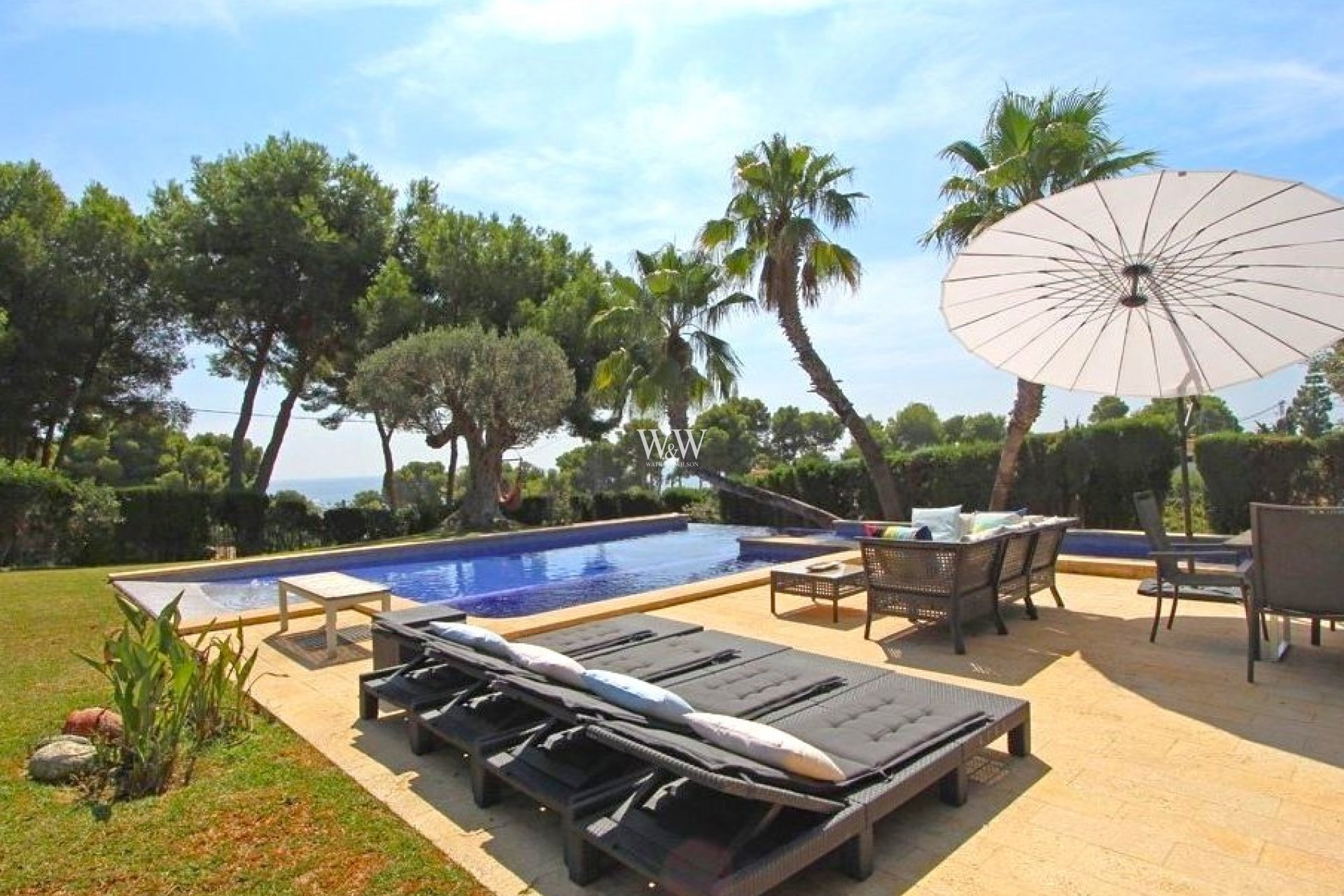 Lovely pool area at luxury Moraira house for sale